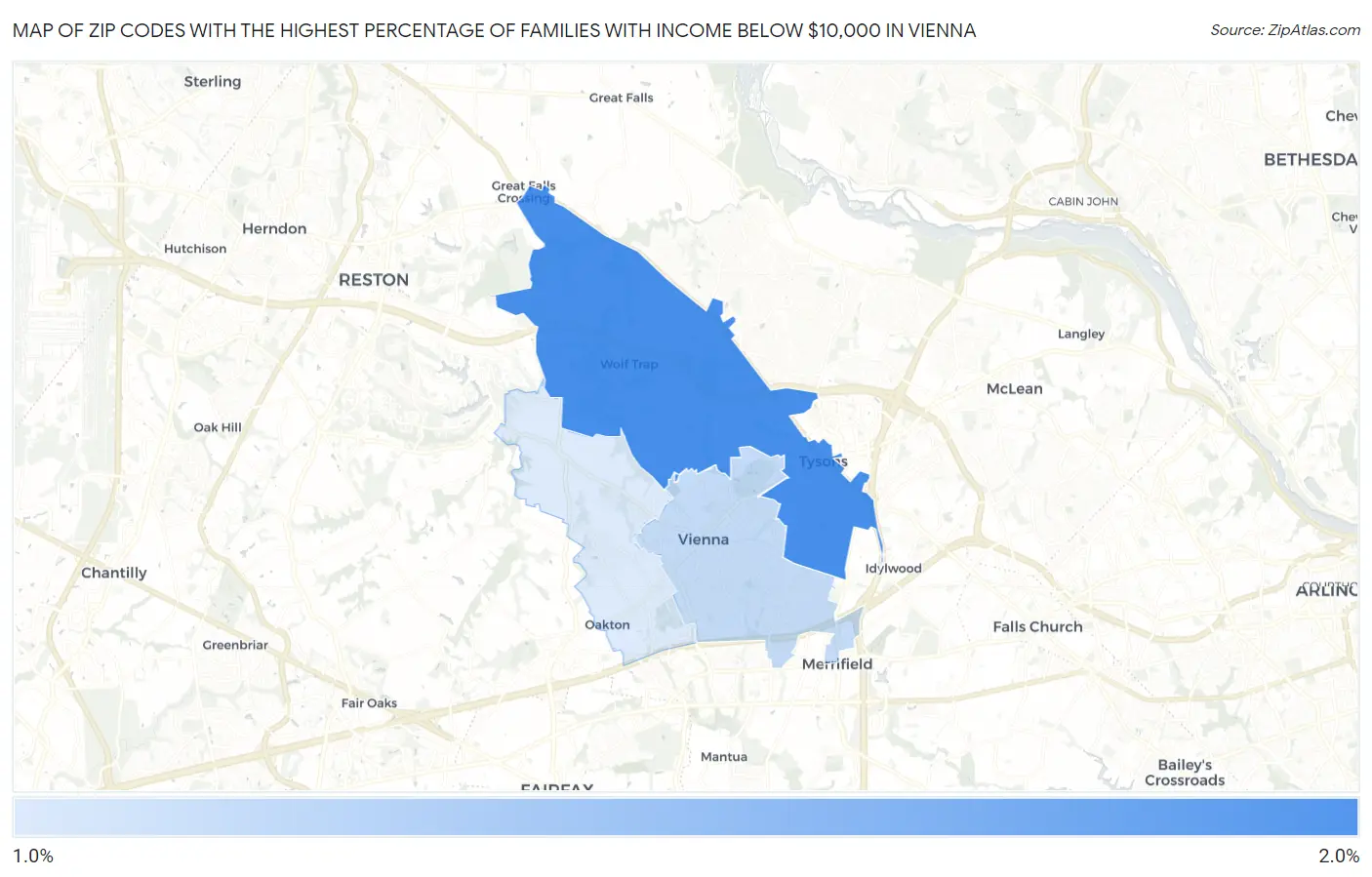 Zip Codes with the Highest Percentage of Families with Income Below $10,000 in Vienna Map