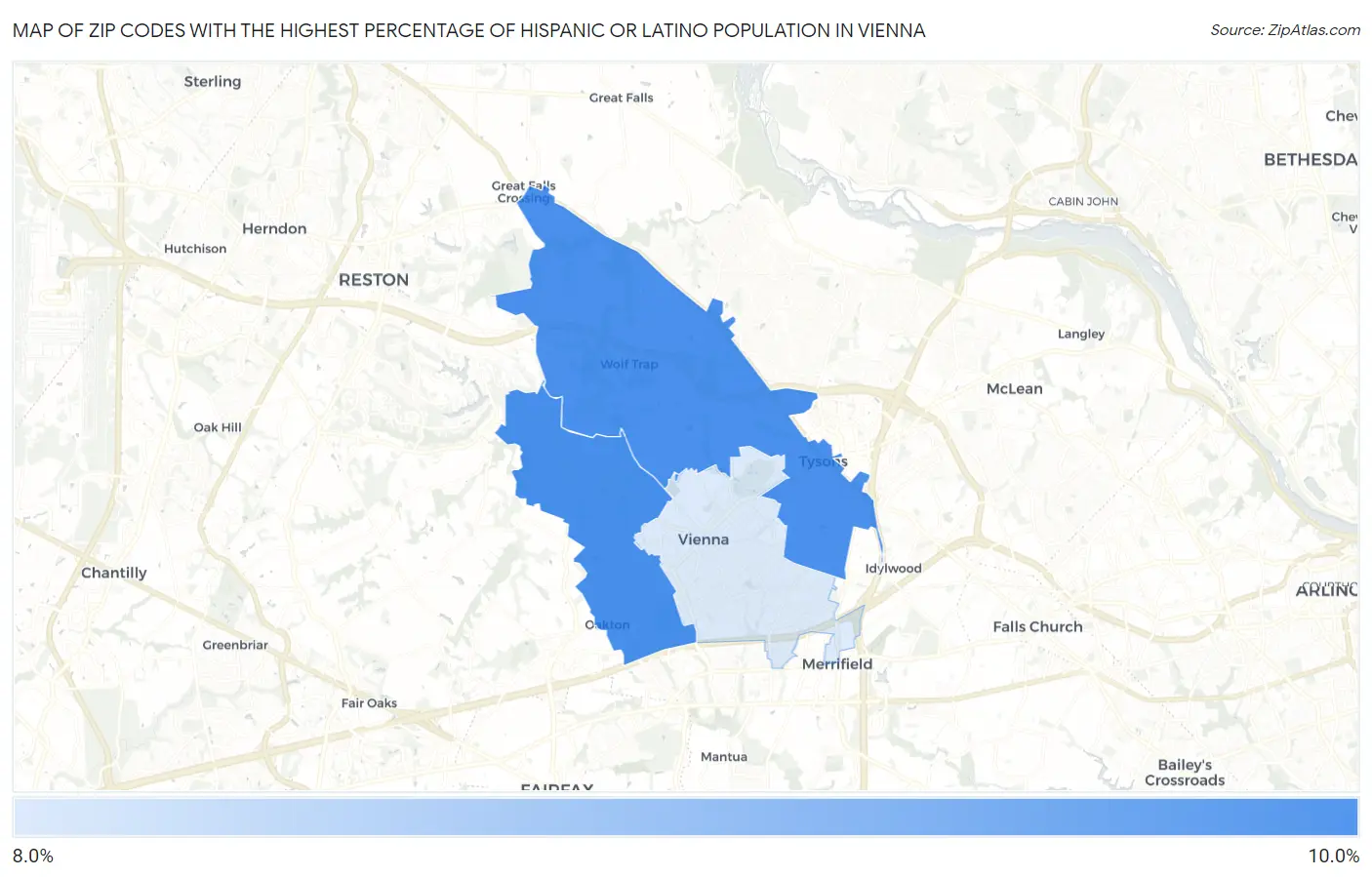 Zip Codes with the Highest Percentage of Hispanic or Latino Population in Vienna Map
