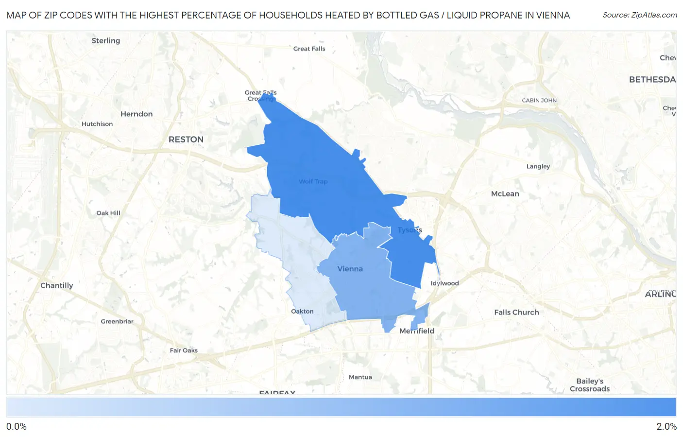 Zip Codes with the Highest Percentage of Households Heated by Bottled Gas / Liquid Propane in Vienna Map