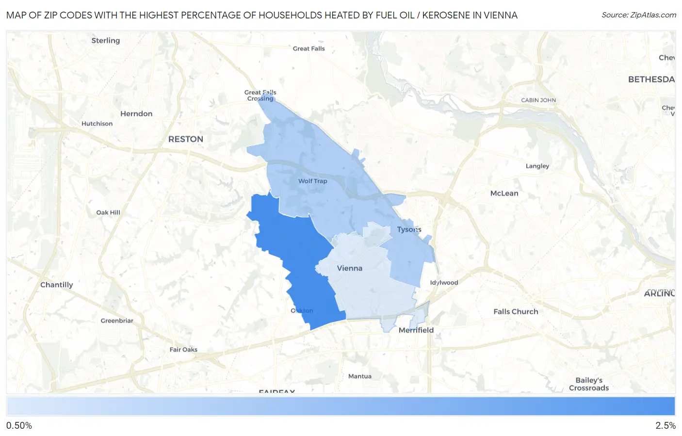 Zip Codes with the Highest Percentage of Households Heated by Fuel Oil / Kerosene in Vienna Map
