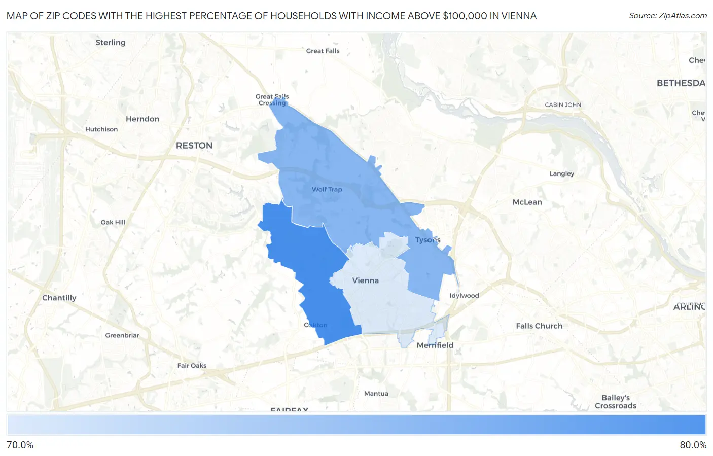 Zip Codes with the Highest Percentage of Households with Income Above $100,000 in Vienna Map