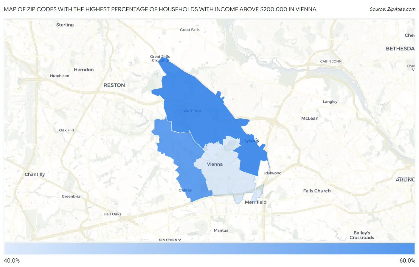 Zip Codes with the Highest Percentage of Households with Income Above $200,000 in Vienna Map