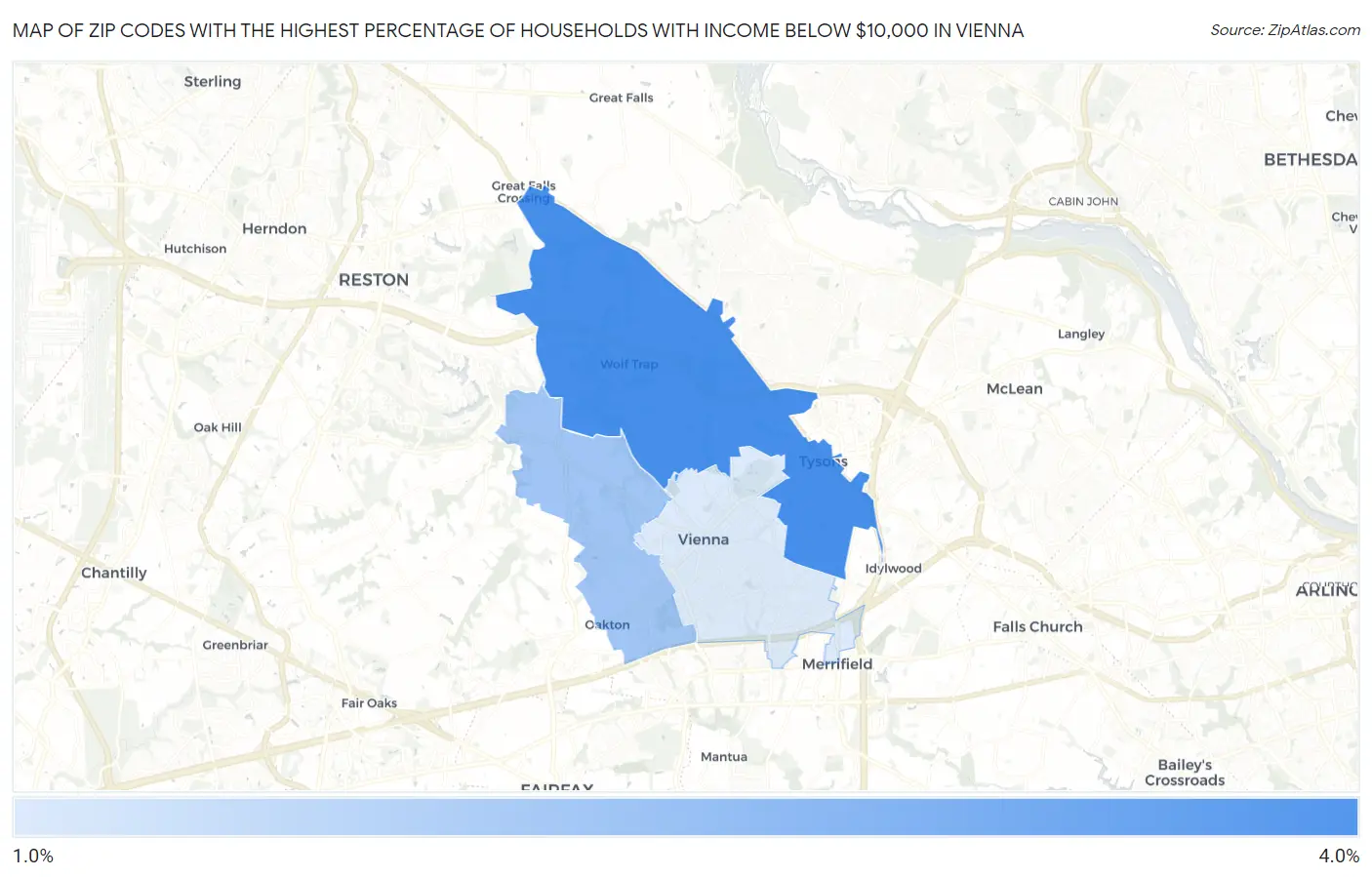 Zip Codes with the Highest Percentage of Households with Income Below $10,000 in Vienna Map