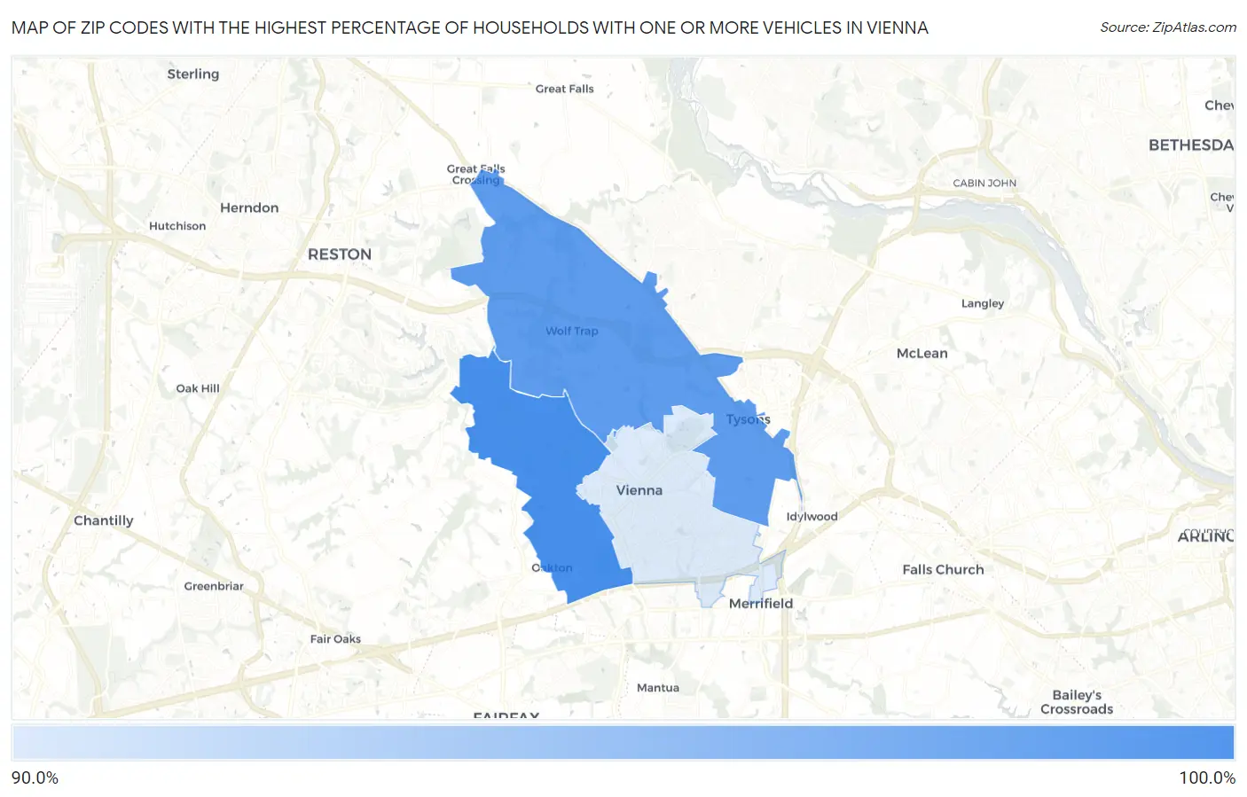 Zip Codes with the Highest Percentage of Households With One or more Vehicles in Vienna Map