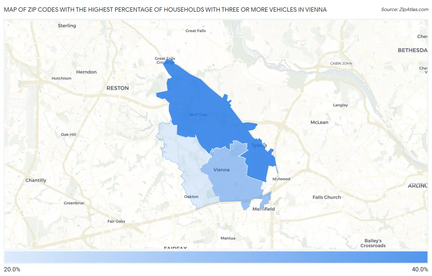 Zip Codes with the Highest Percentage of Households With Three or more Vehicles in Vienna Map