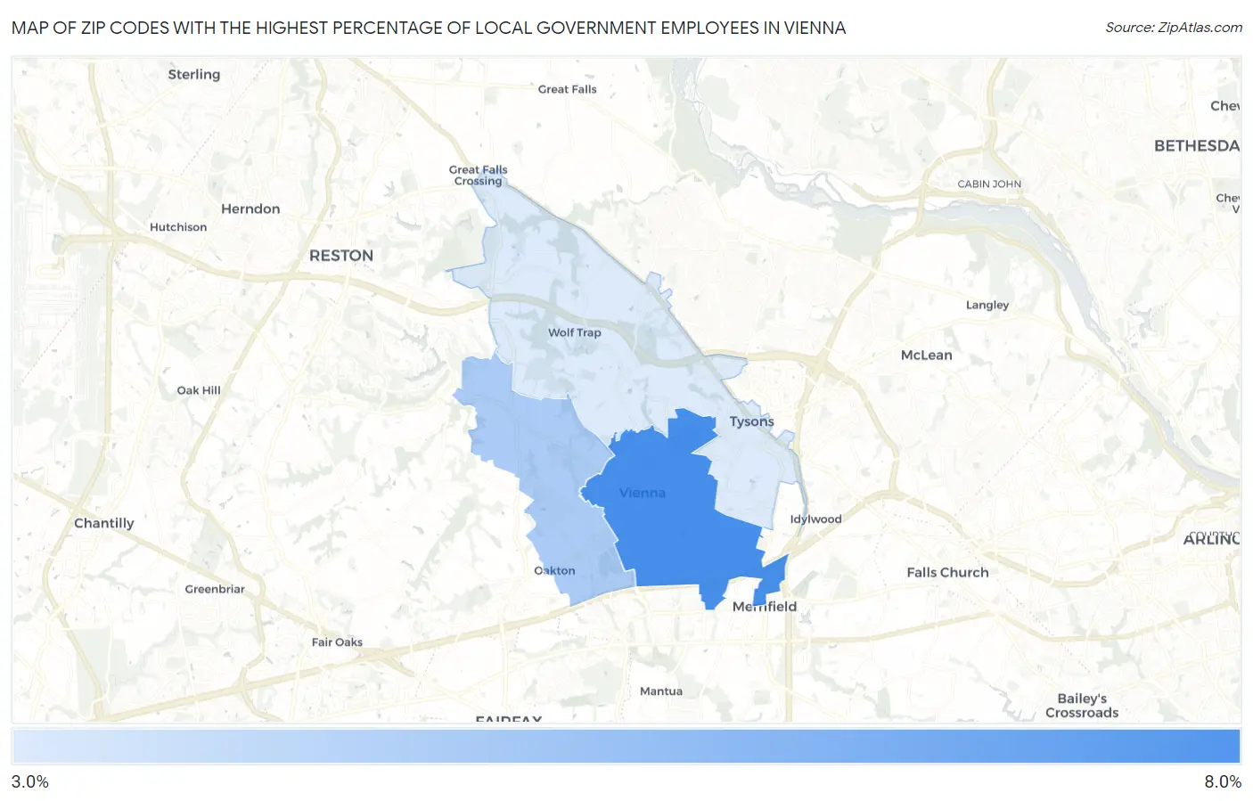 Zip Codes with the Highest Percentage of Local Government Employees in Vienna Map