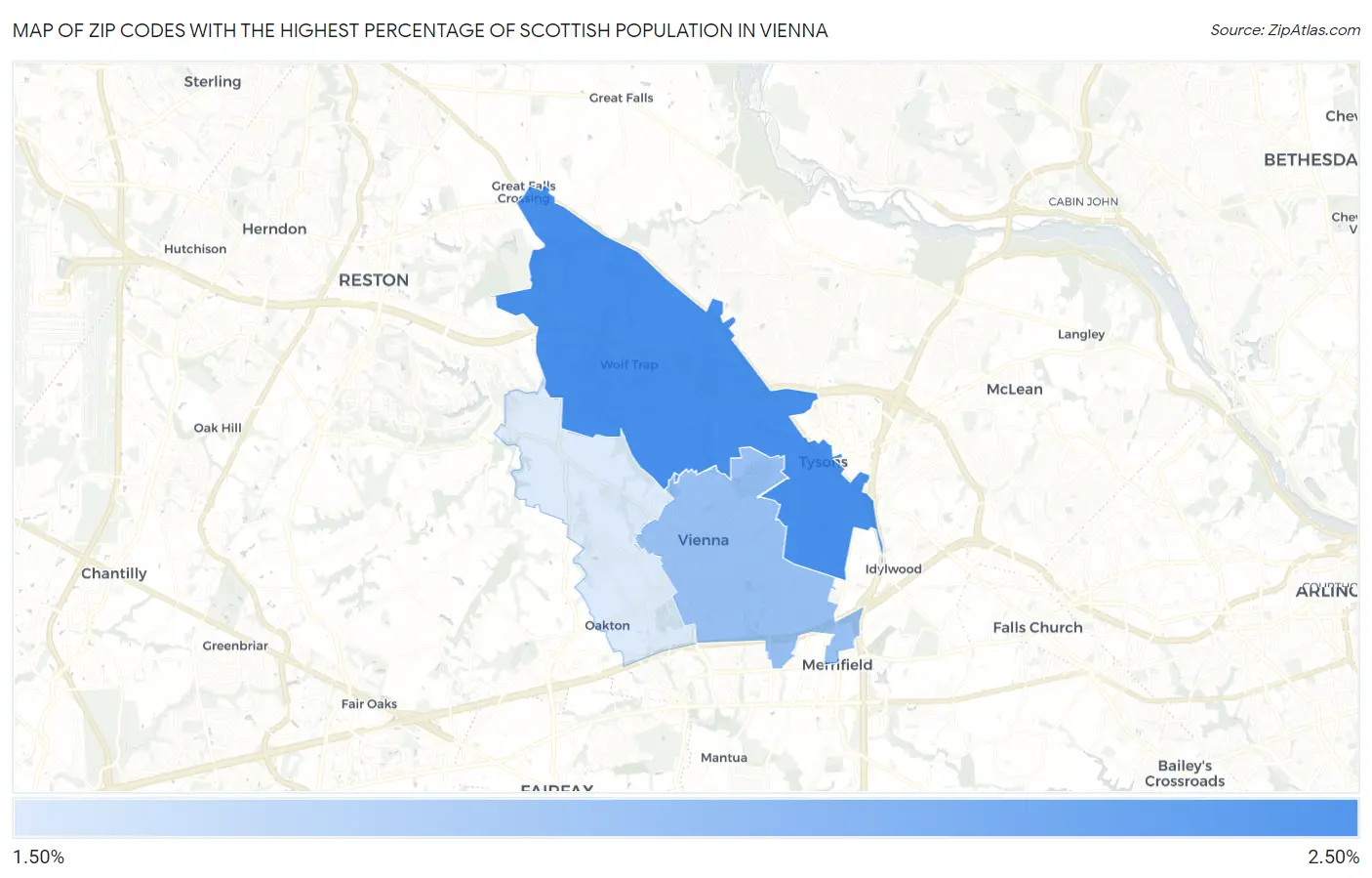 Zip Codes with the Highest Percentage of Scottish Population in Vienna Map
