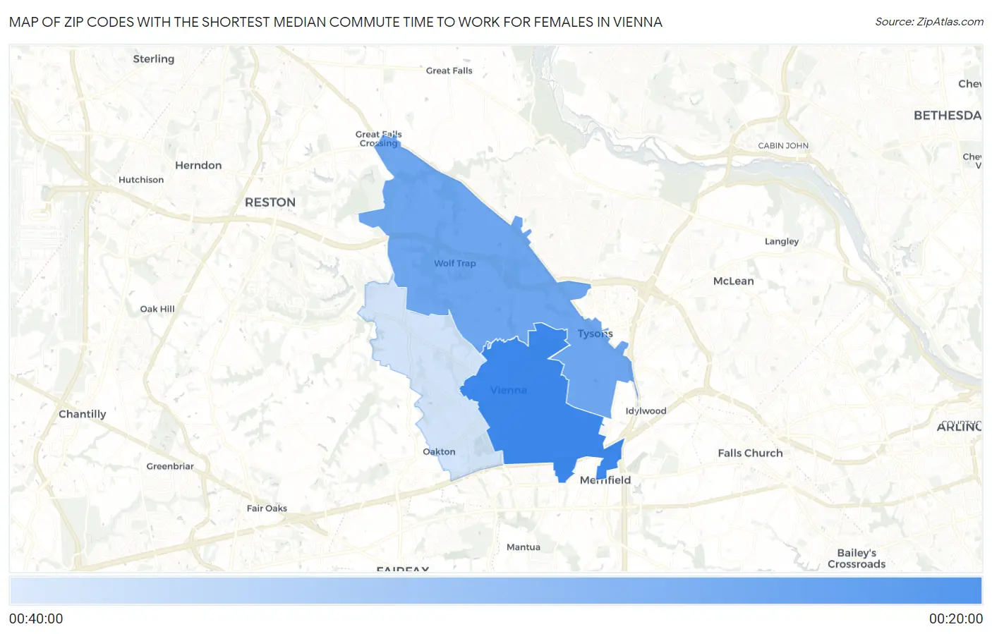 Zip Codes with the Shortest Median Commute Time to Work for Females in Vienna Map