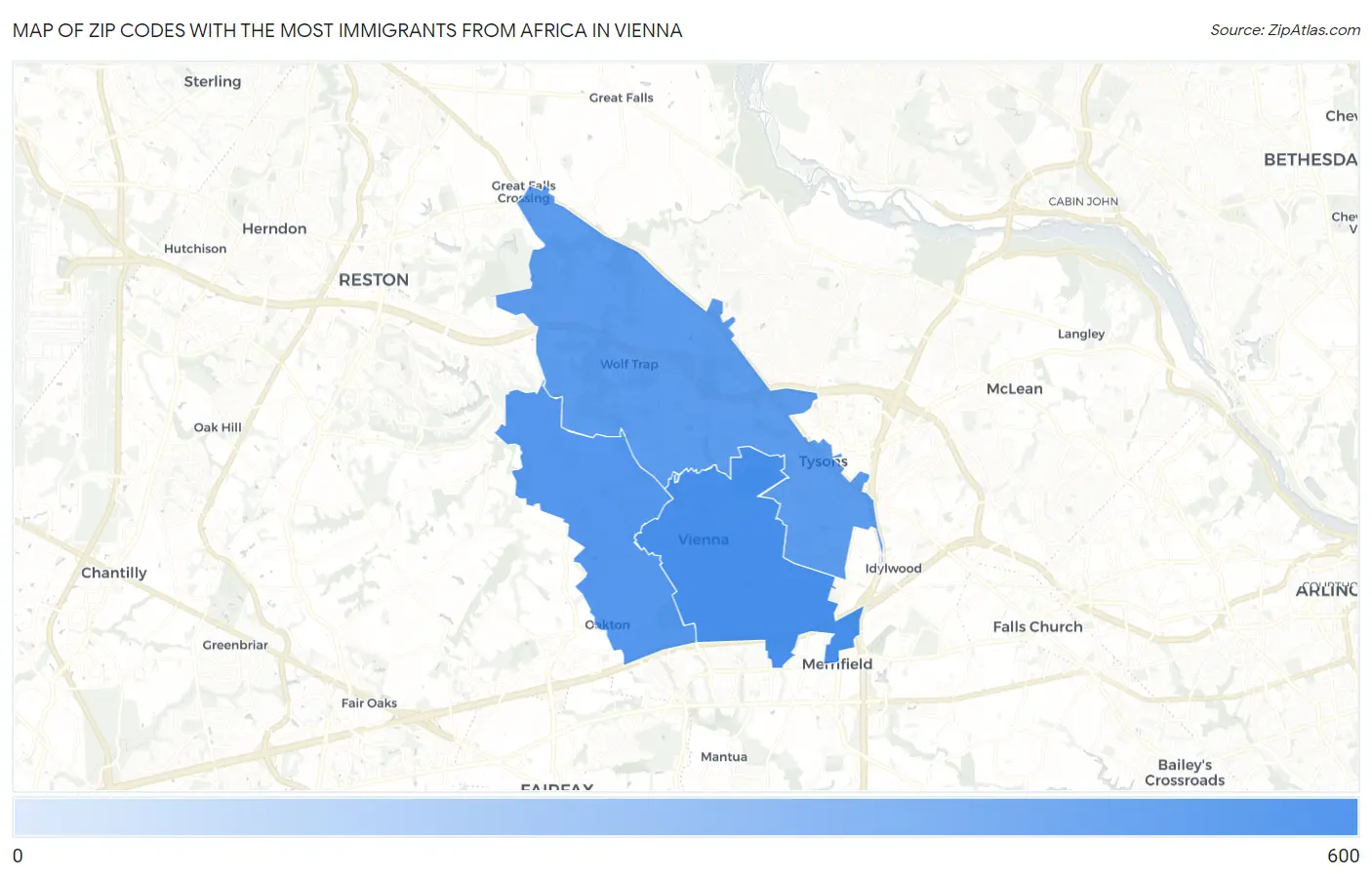 Zip Codes with the Most Immigrants from Africa in Vienna Map