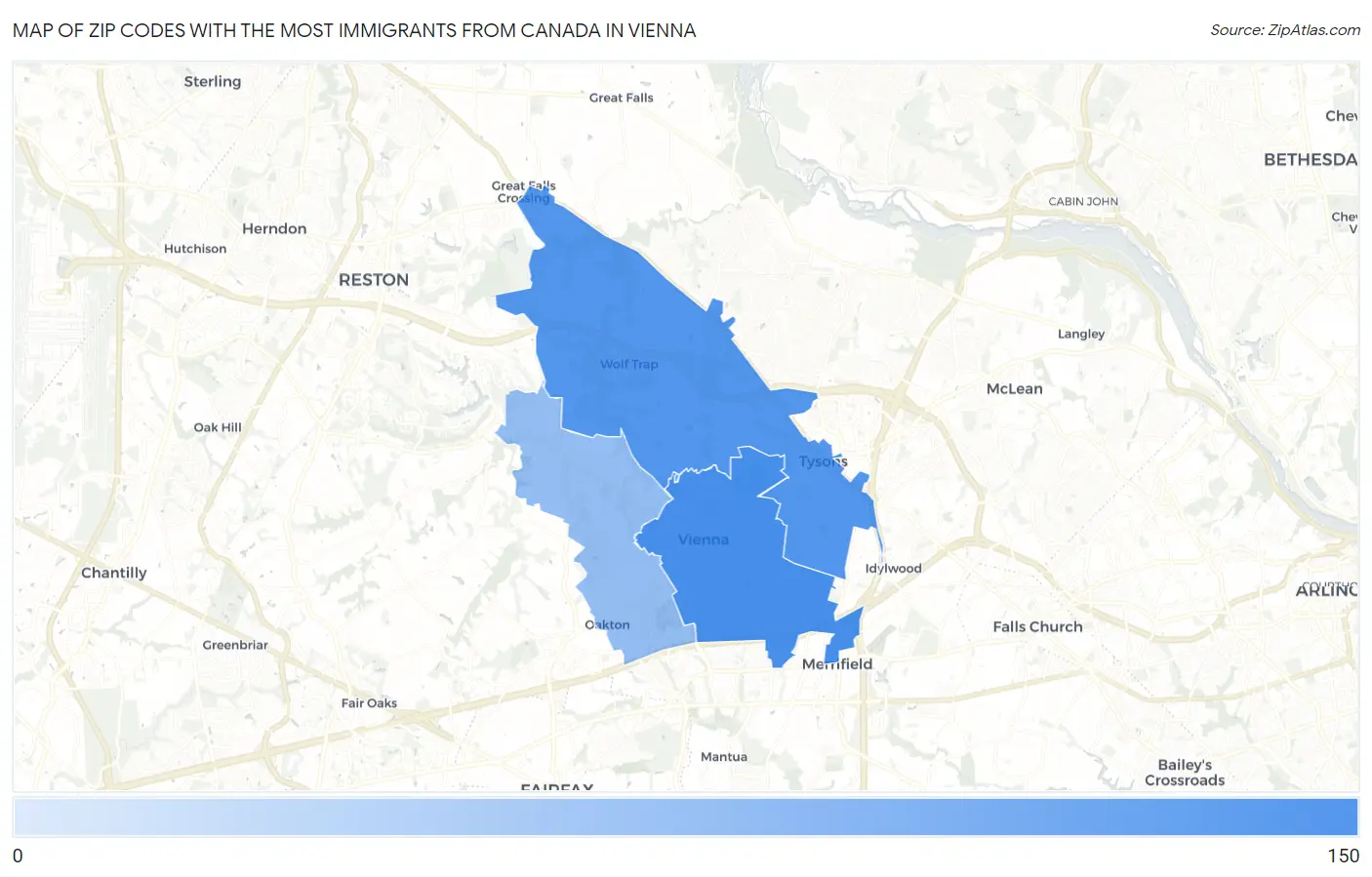 Zip Codes with the Most Immigrants from Canada in Vienna Map