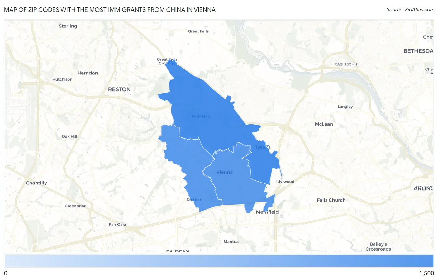 Zip Codes with the Most Immigrants from China in Vienna Map