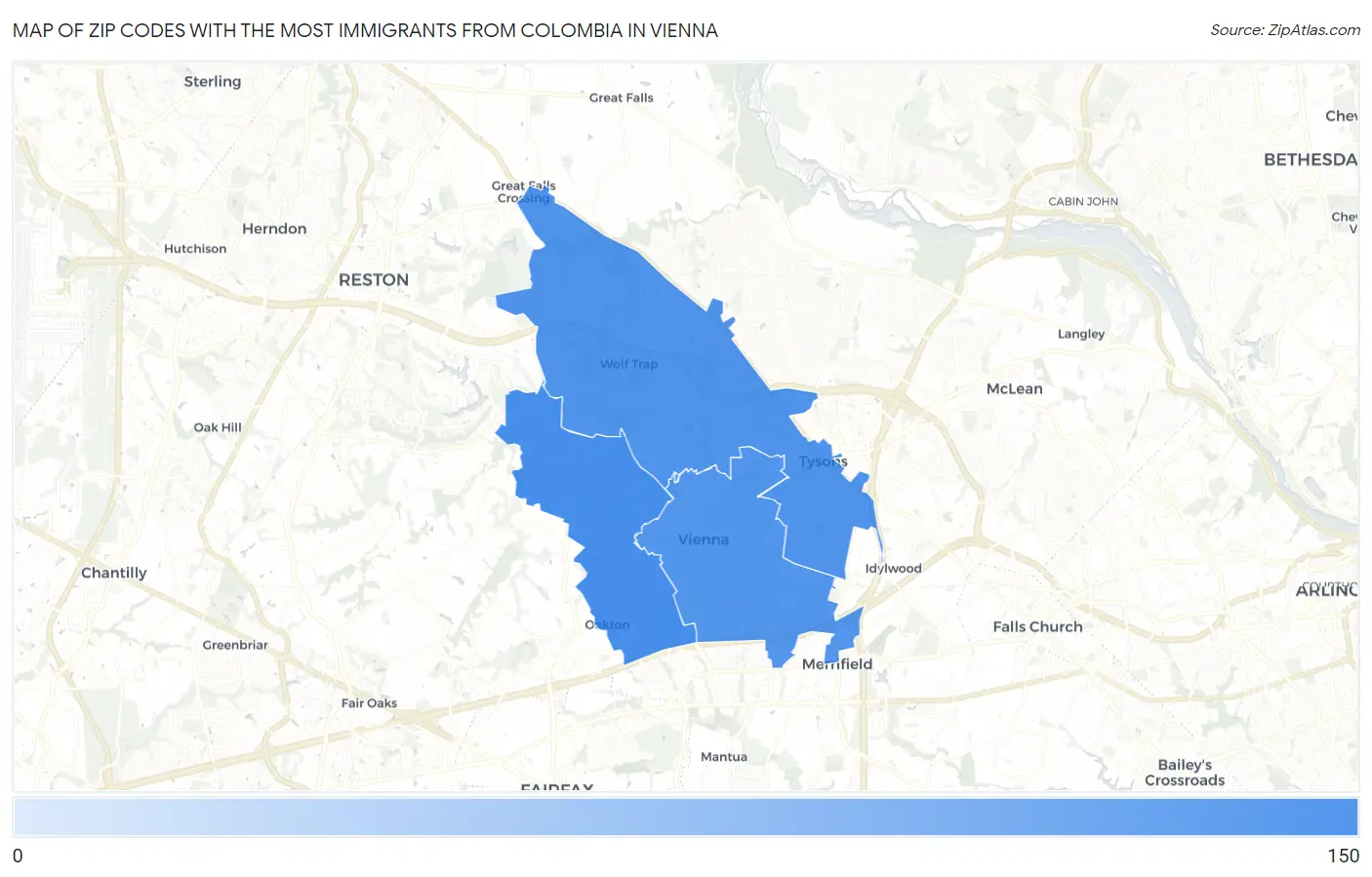 Zip Codes with the Most Immigrants from Colombia in Vienna Map