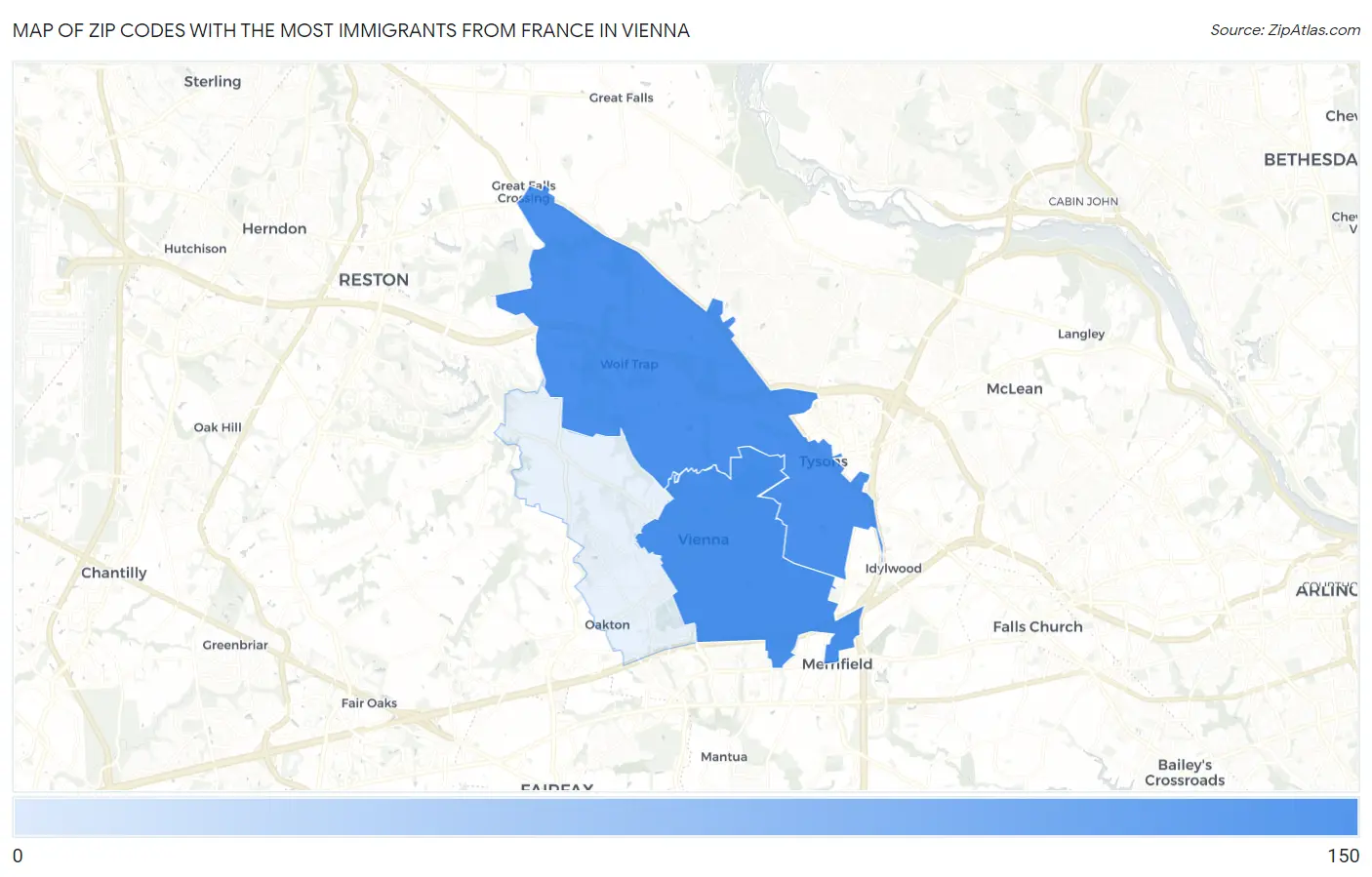 Zip Codes with the Most Immigrants from France in Vienna Map