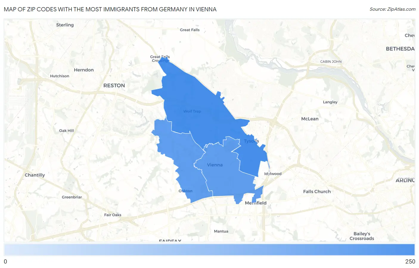 Zip Codes with the Most Immigrants from Germany in Vienna Map