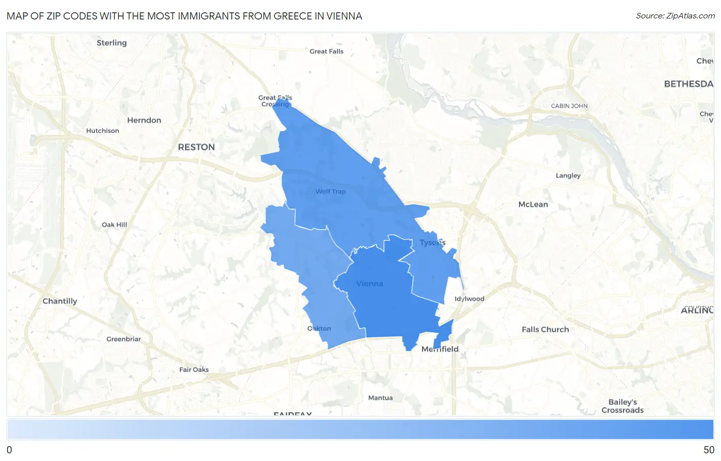 Zip Codes with the Most Immigrants from Greece in Vienna Map