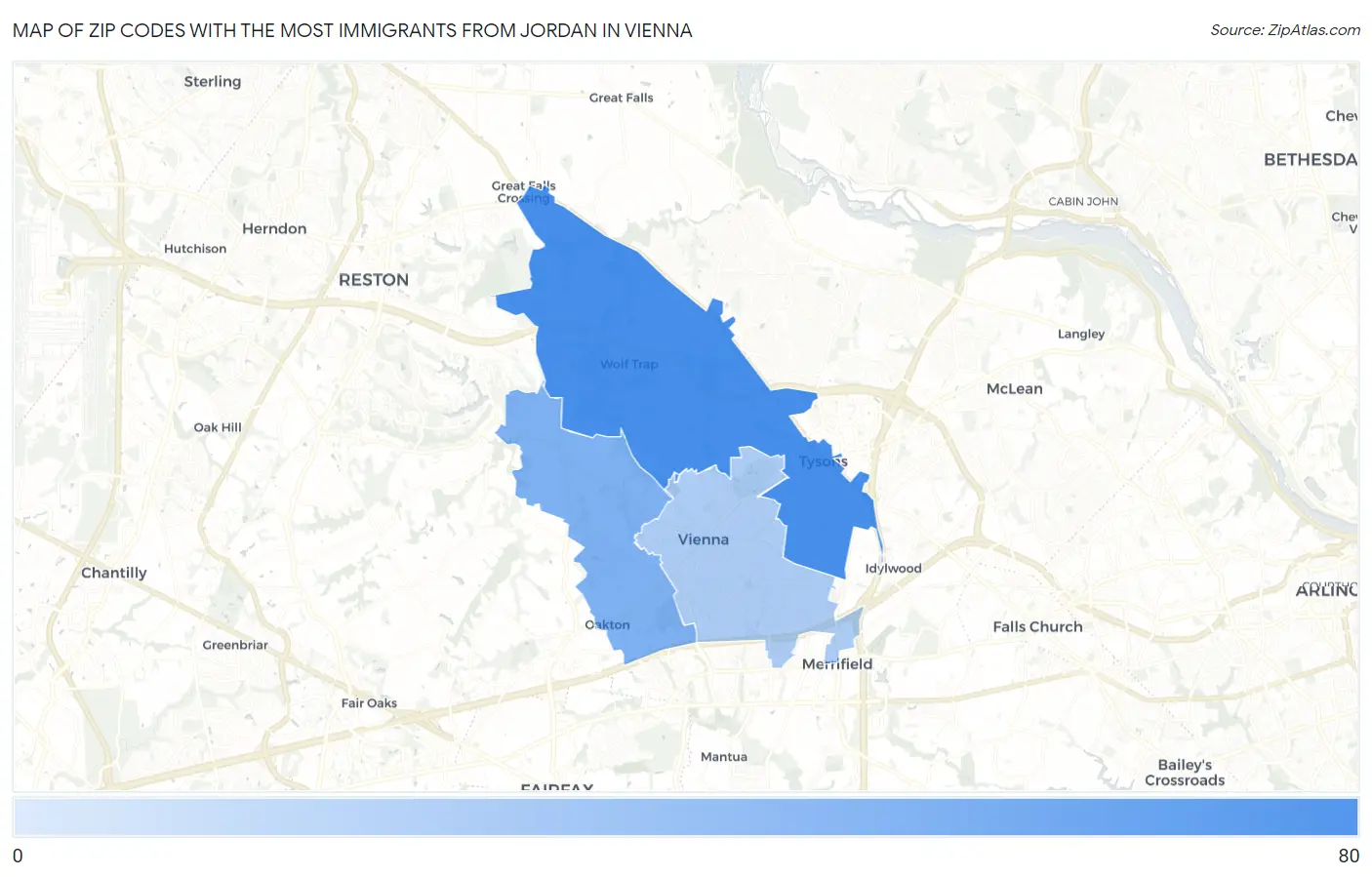 Zip Codes with the Most Immigrants from Jordan in Vienna Map