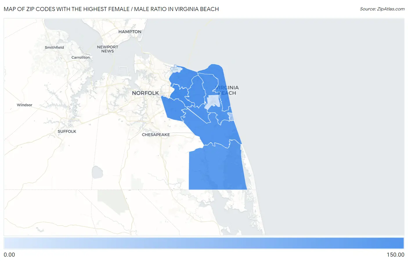 Zip Codes with the Highest Female / Male Ratio in Virginia Beach Map