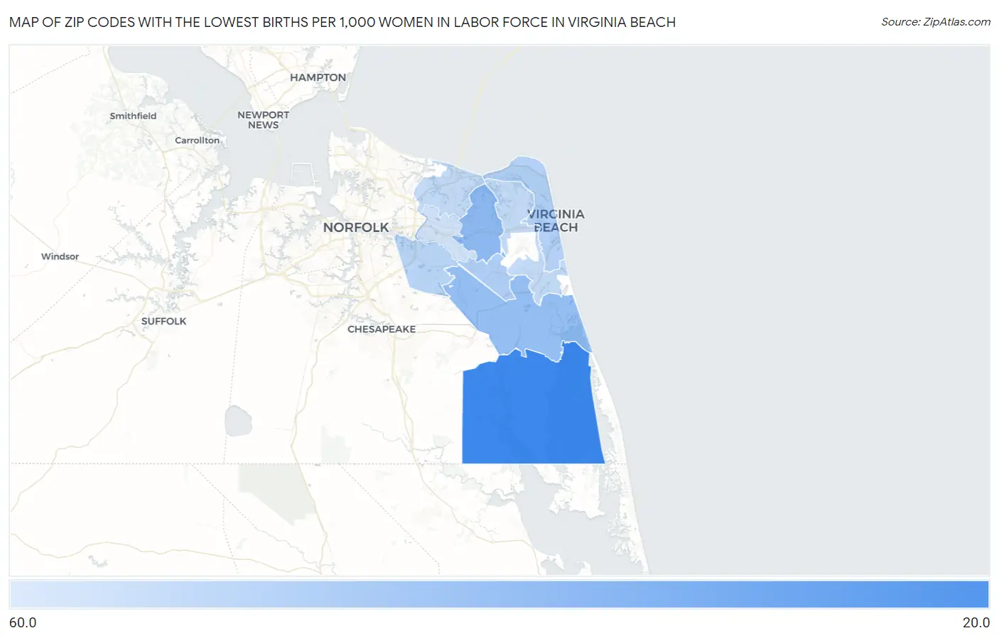 Zip Codes with the Lowest Births per 1,000 Women in Labor Force in Virginia Beach Map