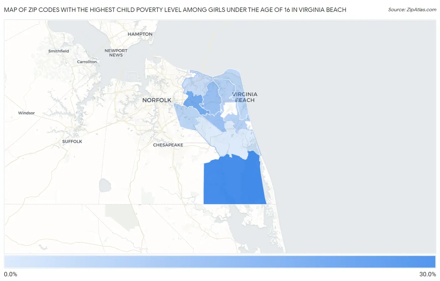 Zip Codes with the Highest Child Poverty Level Among Girls Under the Age of 16 in Virginia Beach Map