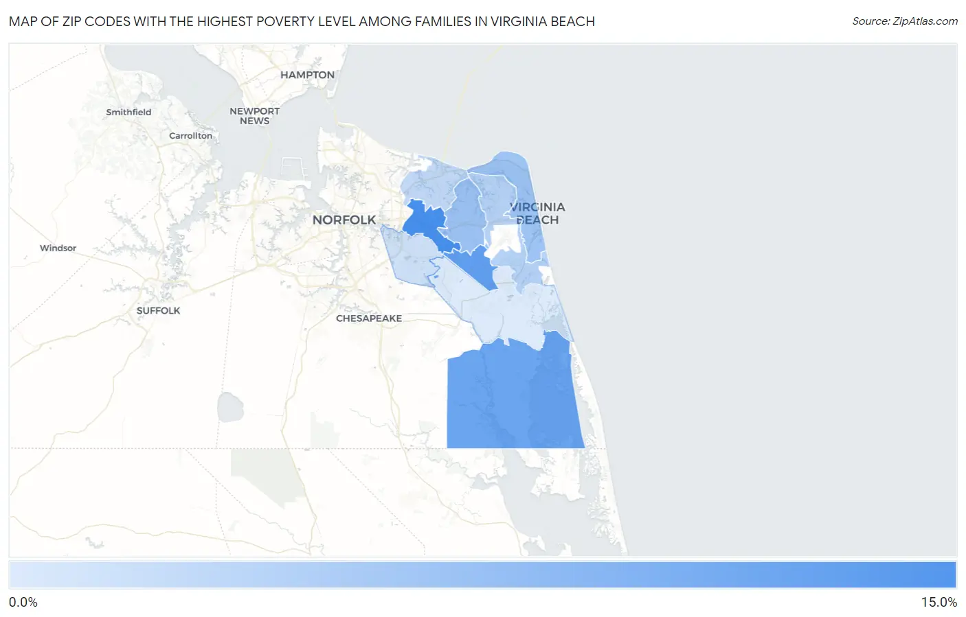 Zip Codes with the Highest Poverty Level Among Families in Virginia Beach Map