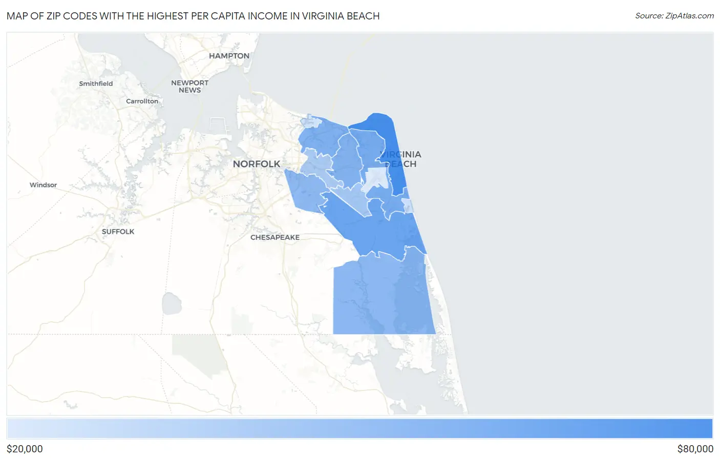 Zip Codes with the Highest Per Capita Income in Virginia Beach Map