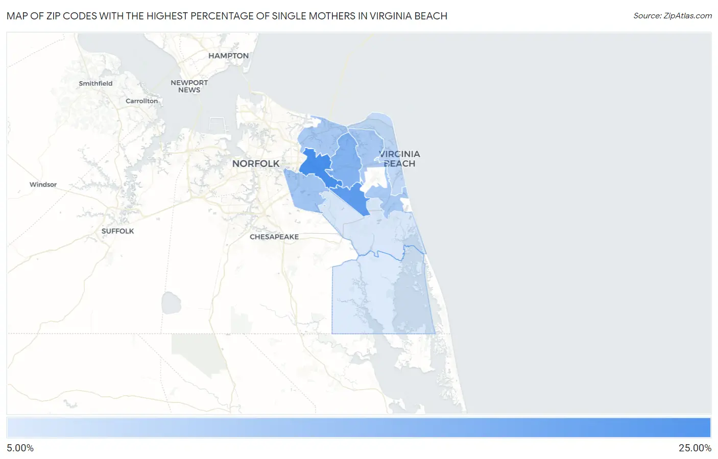 Zip Codes with the Highest Percentage of Single Mothers in Virginia Beach Map