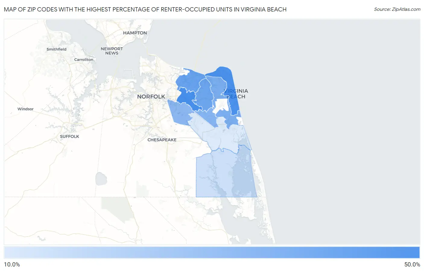 Zip Codes with the Highest Percentage of Renter-Occupied Units in Virginia Beach Map