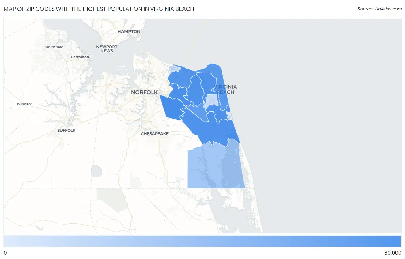 Zip Codes with the Highest Population in Virginia Beach Map
