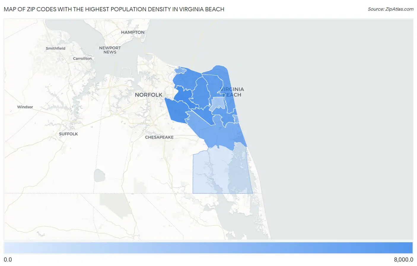 Zip Codes with the Highest Population Density in Virginia Beach Map