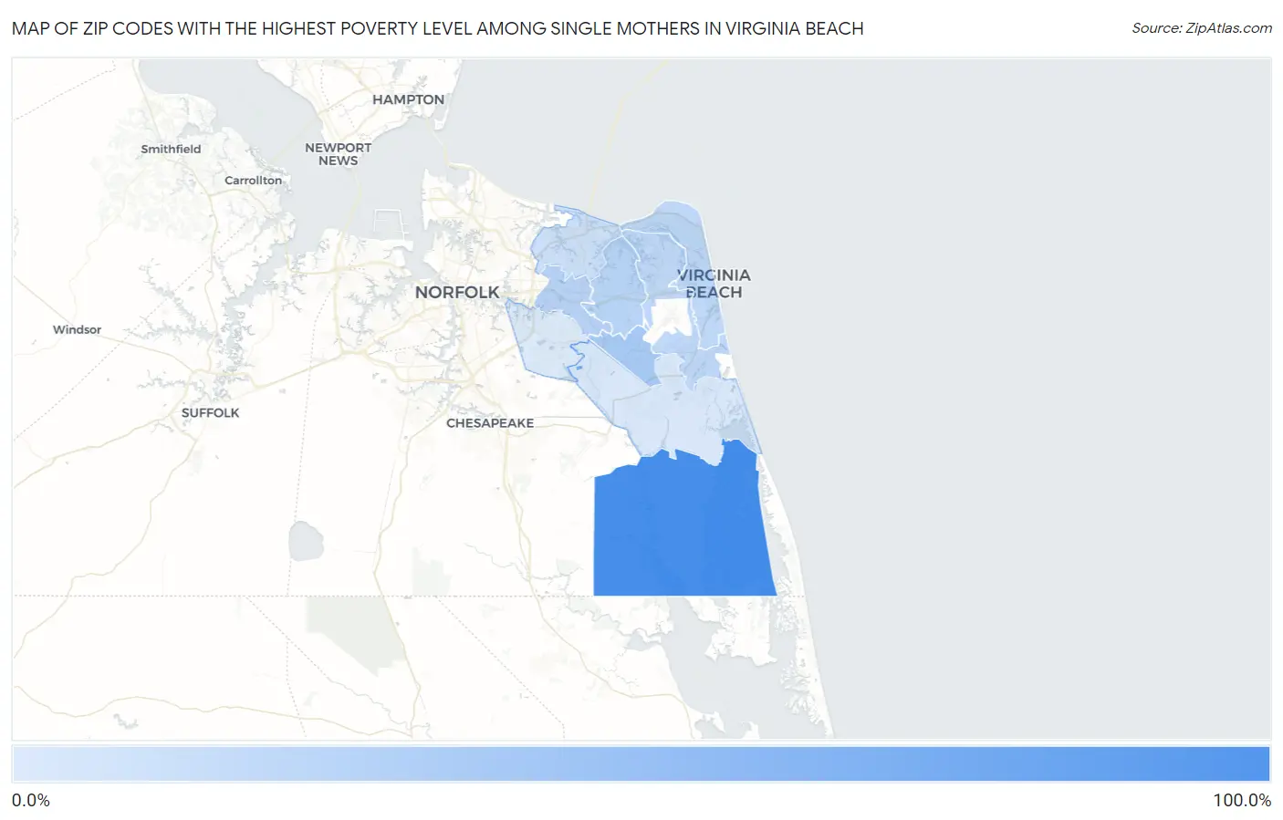 Zip Codes with the Highest Poverty Level Among Single Mothers in Virginia Beach Map