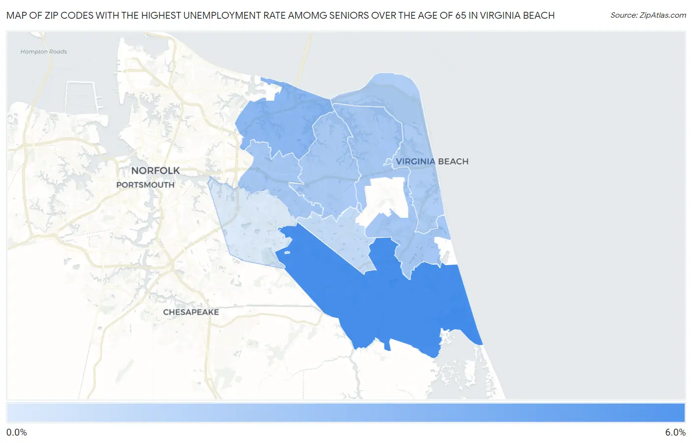 Zip Codes with the Highest Unemployment Rate Amomg Seniors Over the Age of 65 in Virginia Beach Map