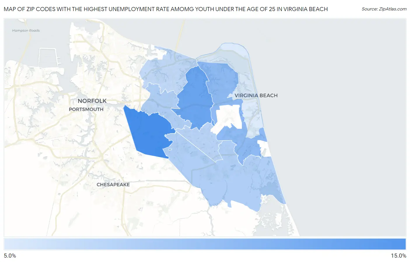 Zip Codes with the Highest Unemployment Rate Amomg Youth Under the Age of 25 in Virginia Beach Map