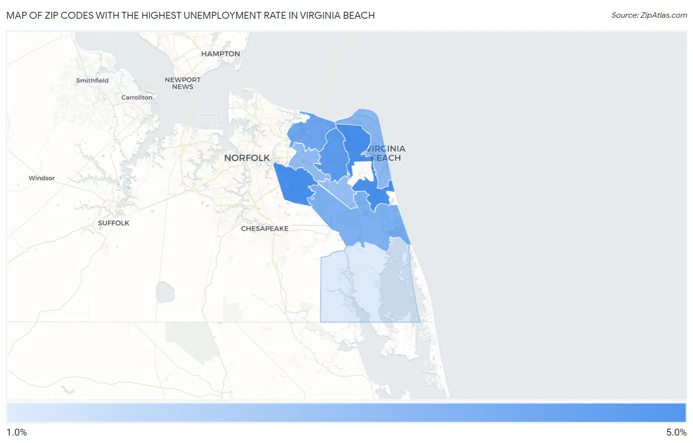 Zip Codes with the Highest Unemployment Rate in Virginia Beach Map