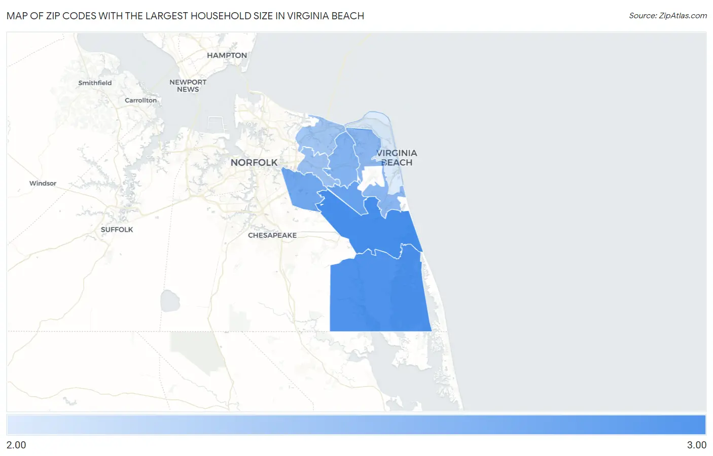 Zip Codes with the Largest Household Size in Virginia Beach Map