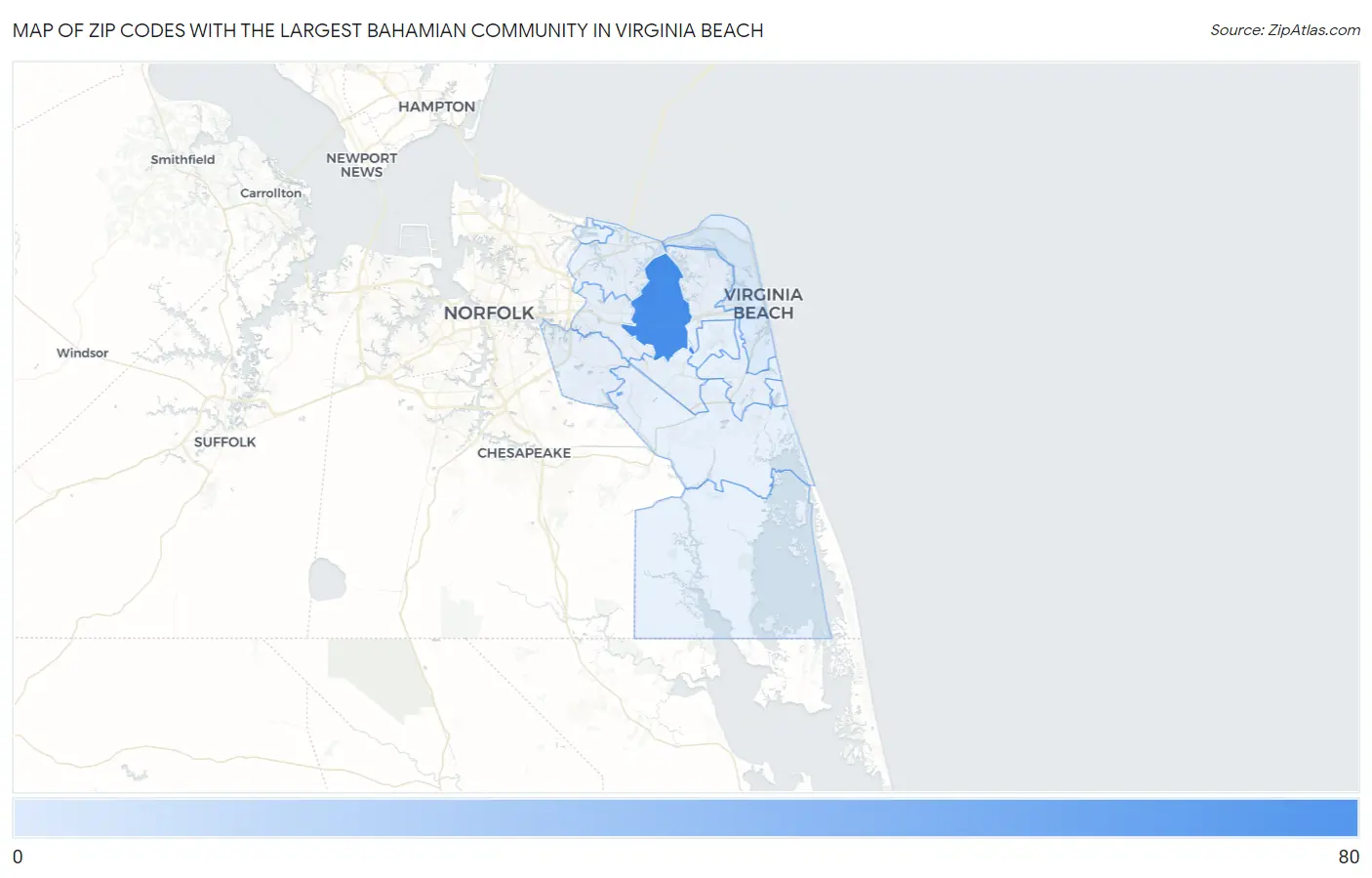 Zip Codes with the Largest Bahamian Community in Virginia Beach Map