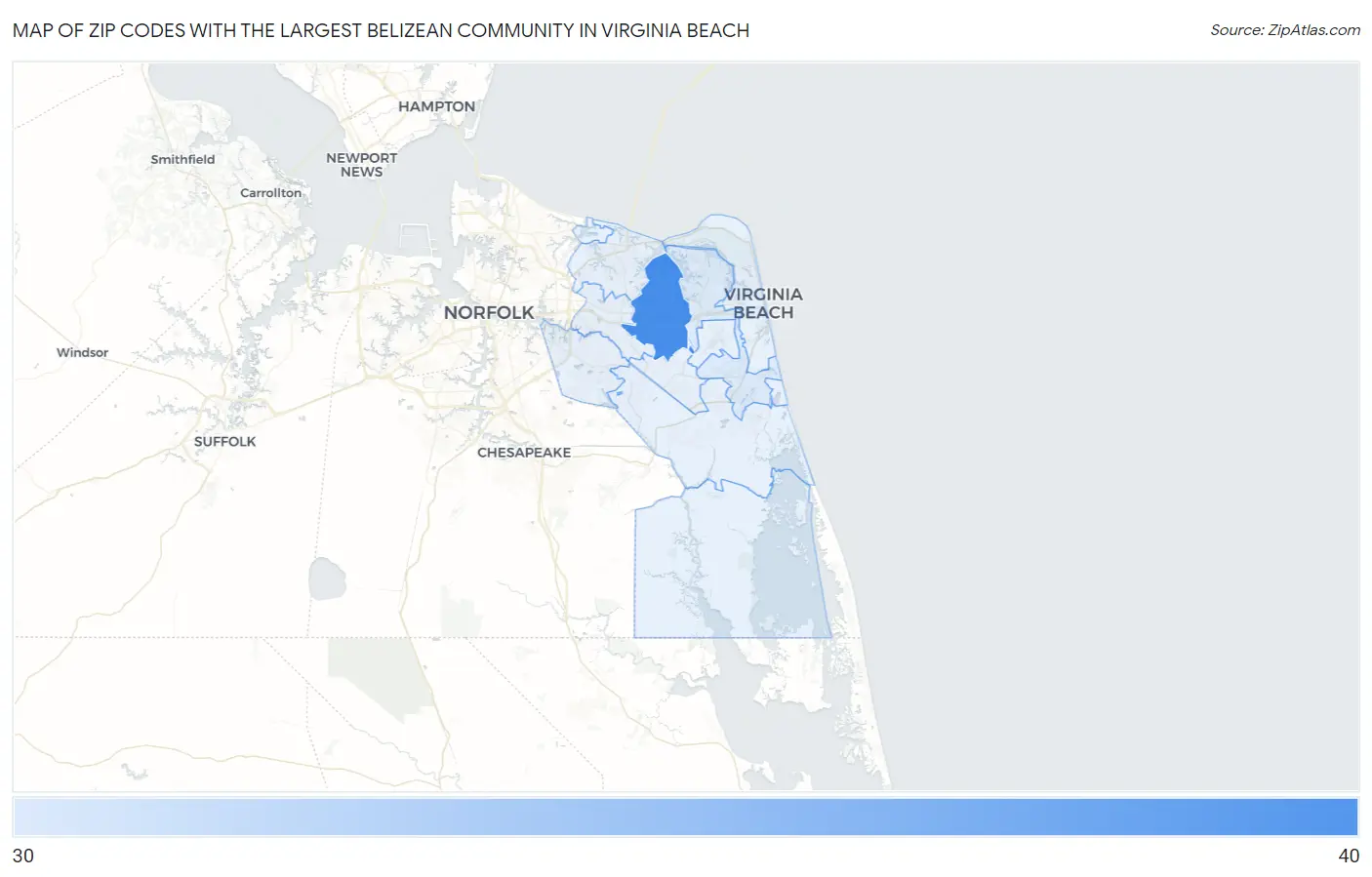 Zip Codes with the Largest Belizean Community in Virginia Beach Map