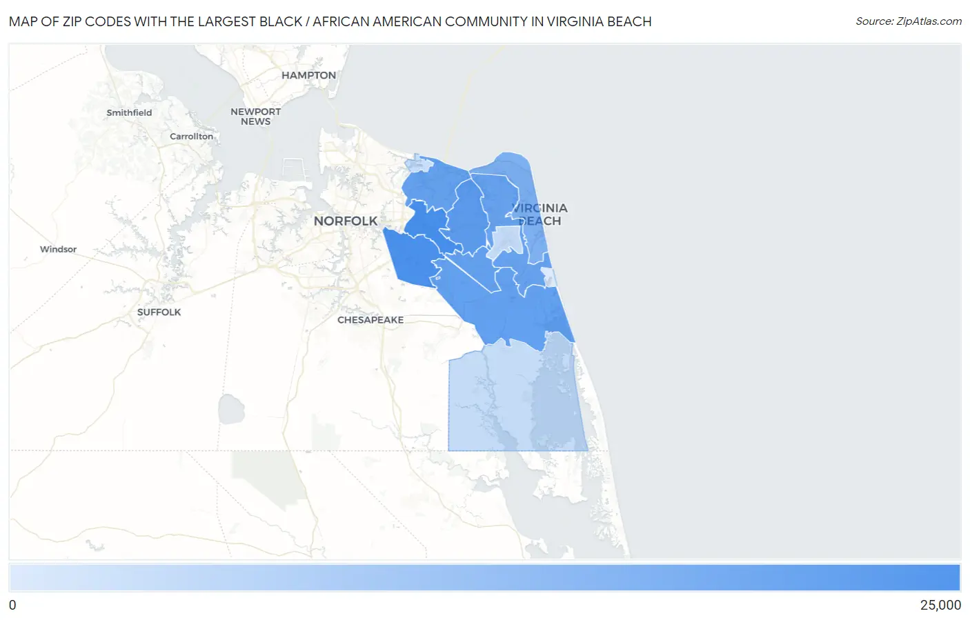 Zip Codes with the Largest Black / African American Community in Virginia Beach Map
