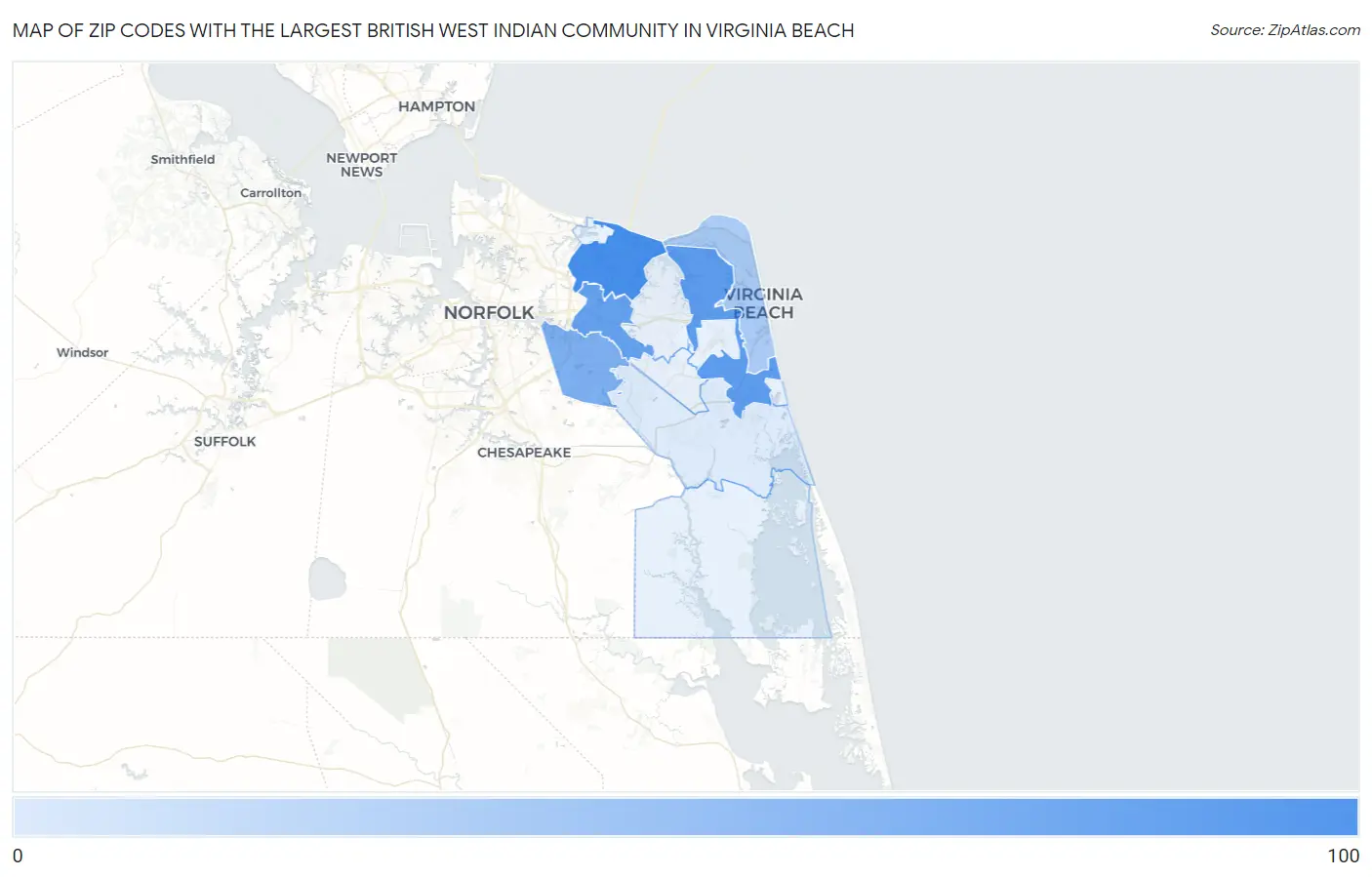 Zip Codes with the Largest British West Indian Community in Virginia Beach Map