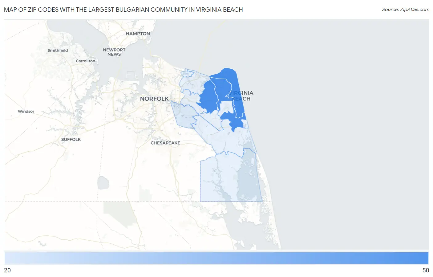 Zip Codes with the Largest Bulgarian Community in Virginia Beach Map