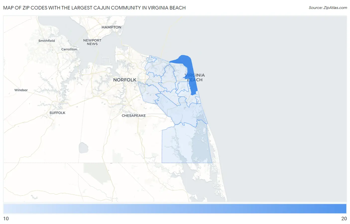 Zip Codes with the Largest Cajun Community in Virginia Beach Map
