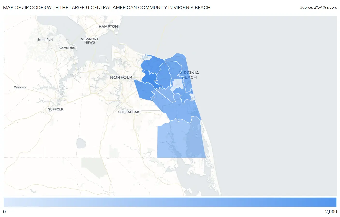 Zip Codes with the Largest Central American Community in Virginia Beach Map