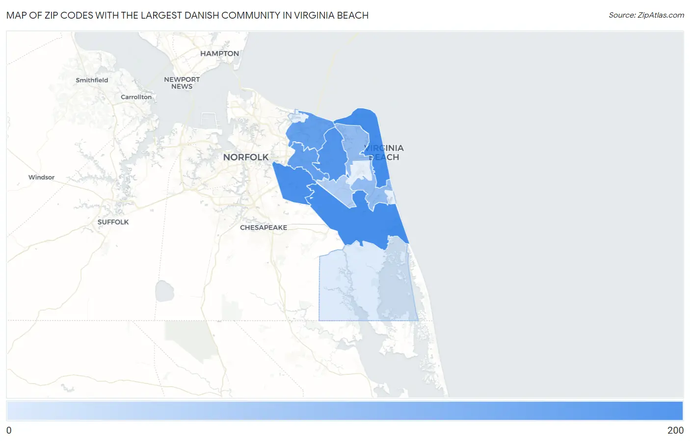 Zip Codes with the Largest Danish Community in Virginia Beach Map