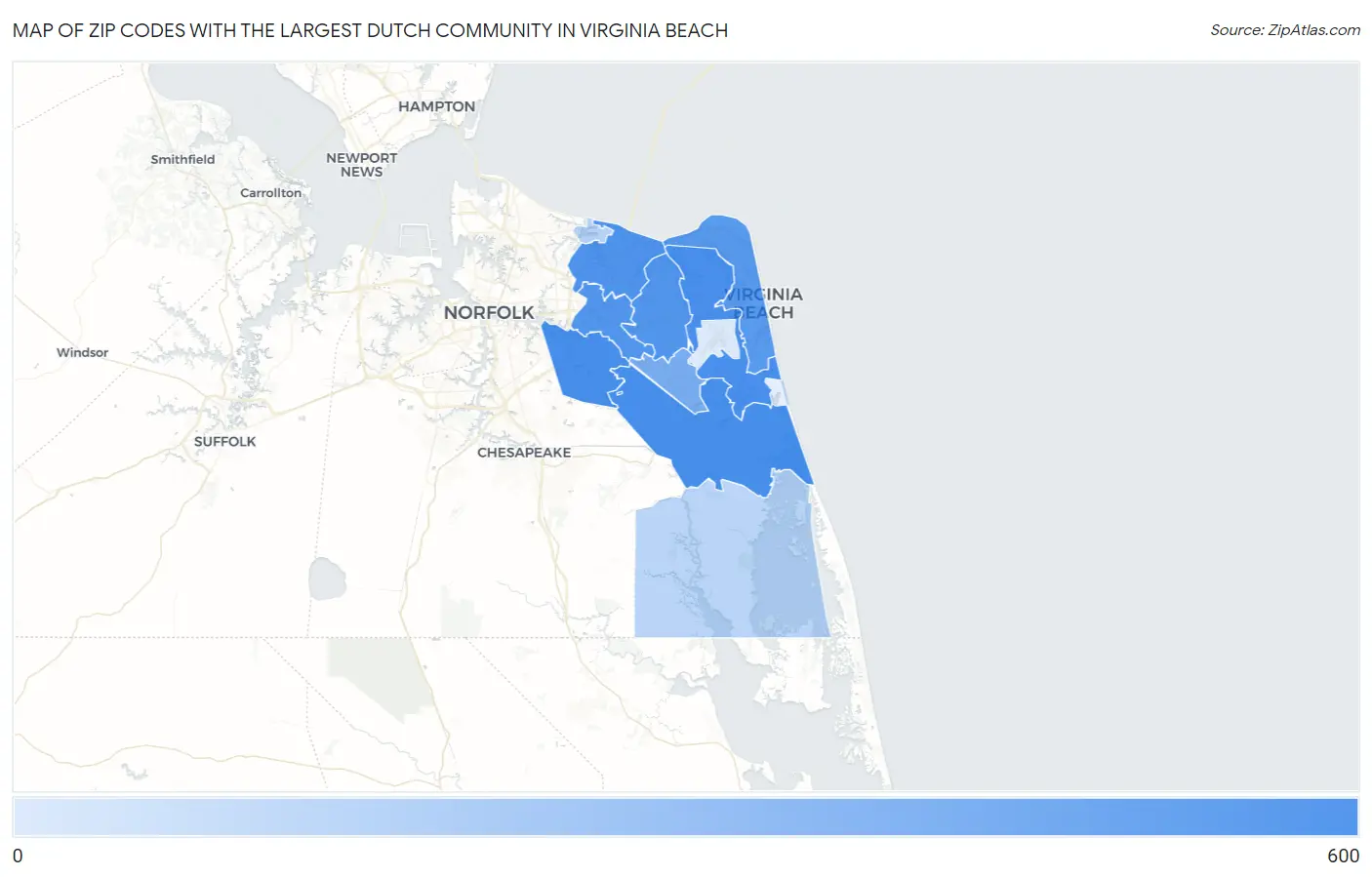 Zip Codes with the Largest Dutch Community in Virginia Beach Map