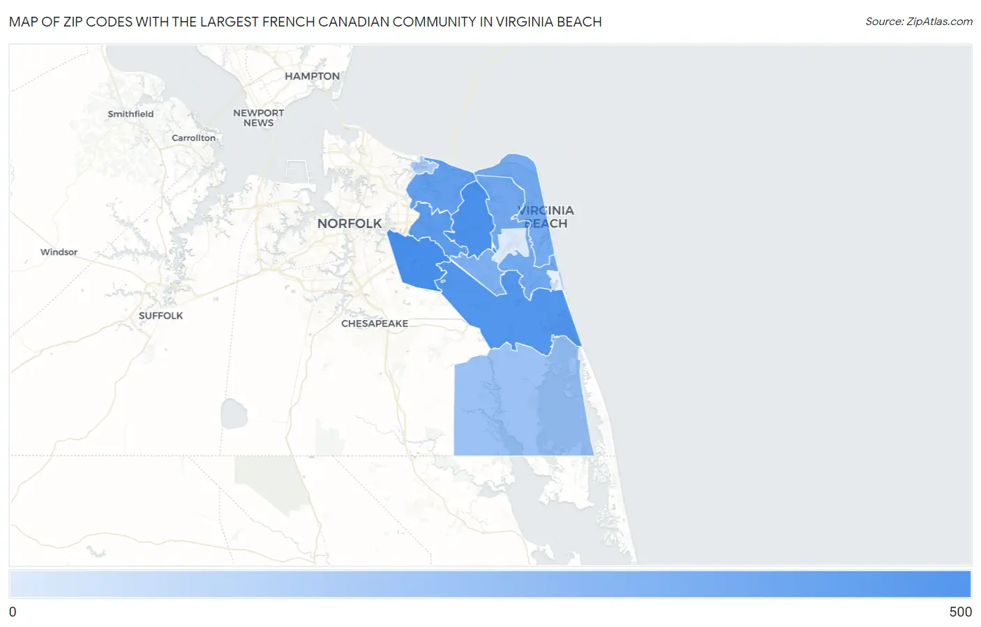 Zip Codes with the Largest French Canadian Community in Virginia Beach Map