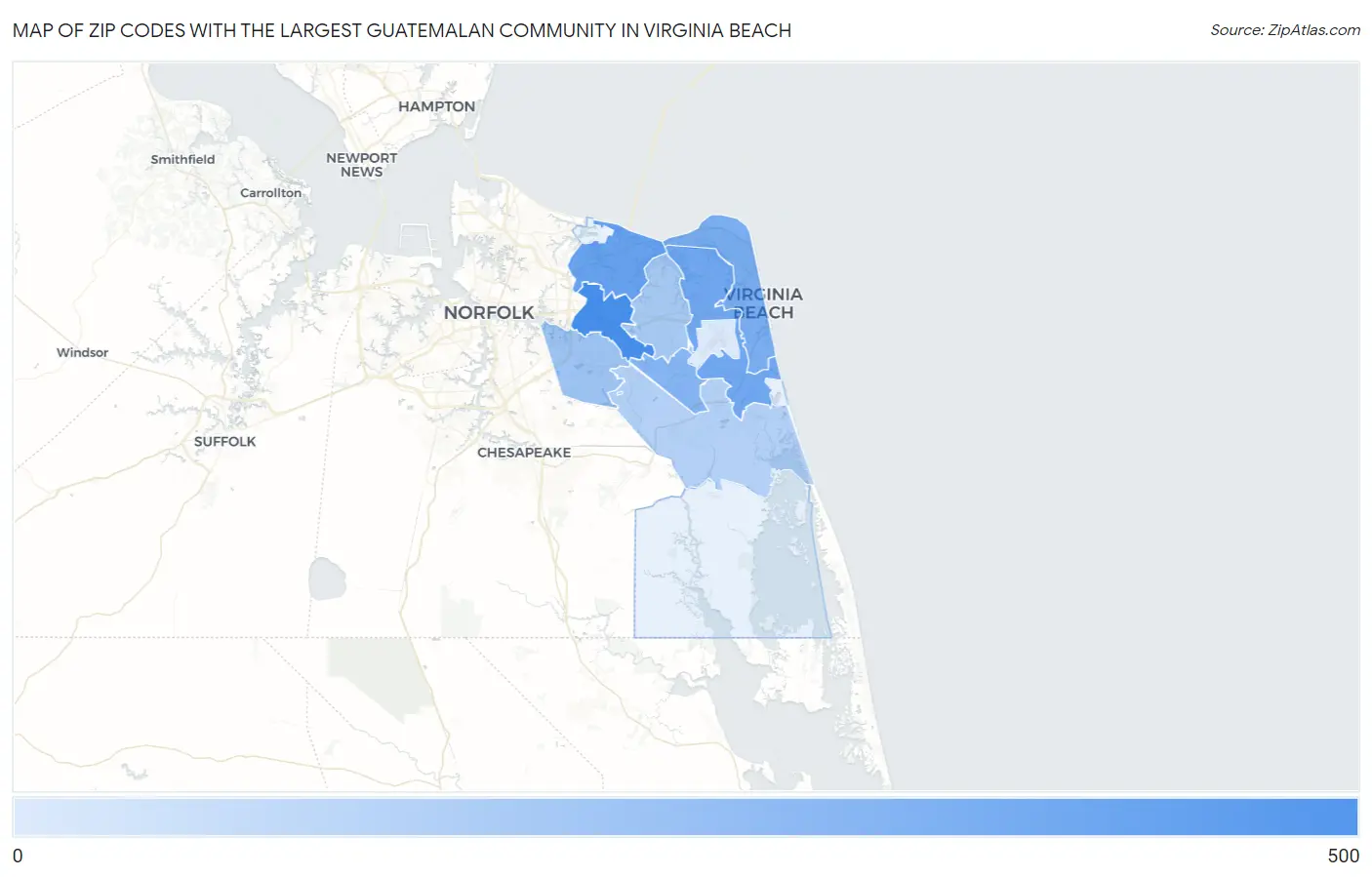 Zip Codes with the Largest Guatemalan Community in Virginia Beach Map