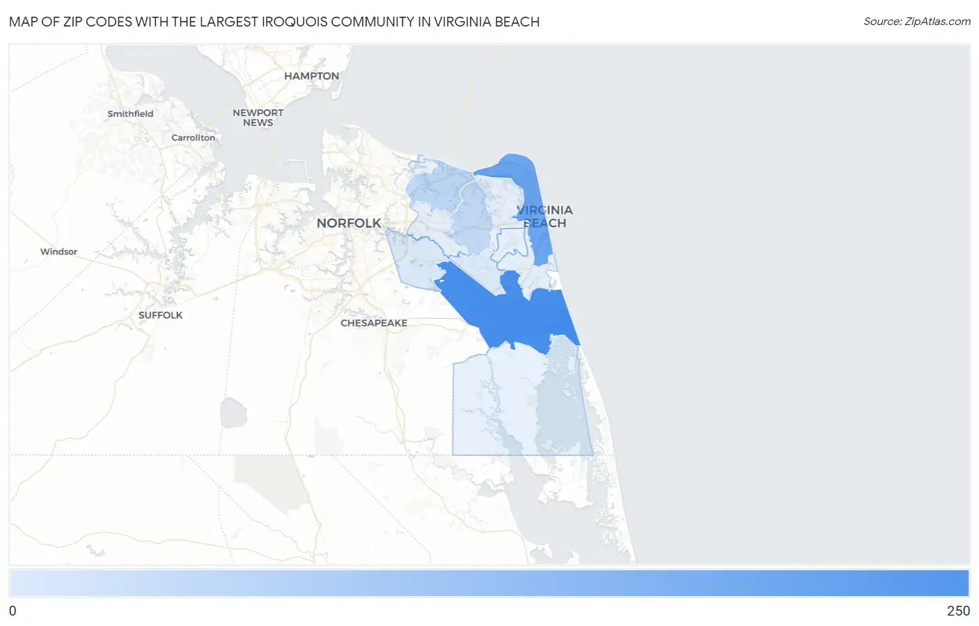 Zip Codes with the Largest Iroquois Community in Virginia Beach Map