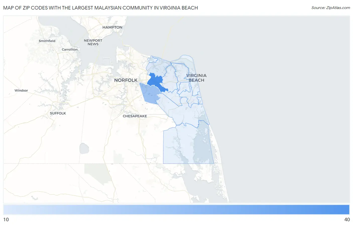 Zip Codes with the Largest Malaysian Community in Virginia Beach Map