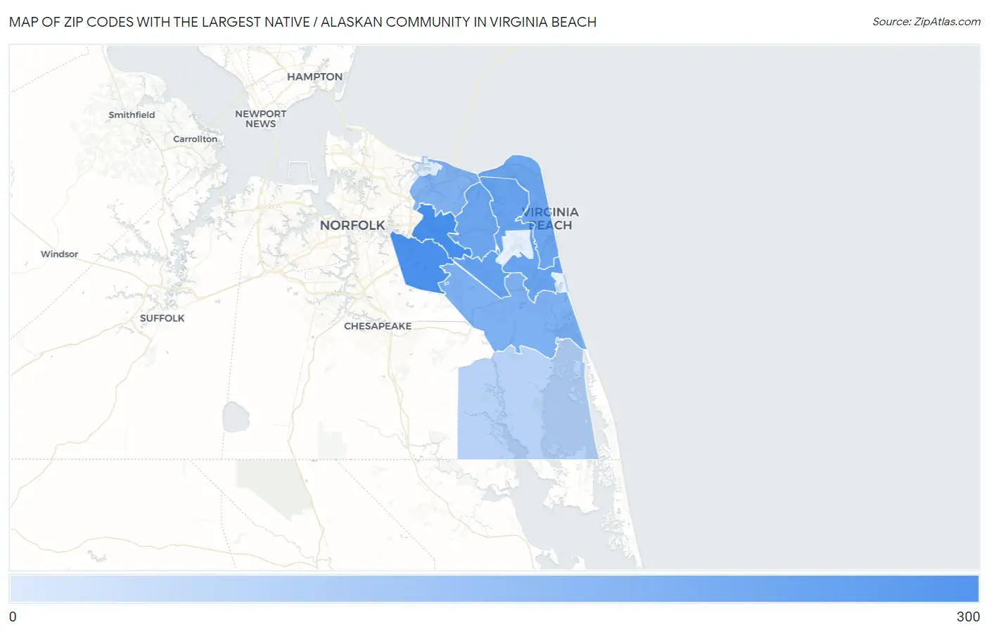 Zip Codes with the Largest Native / Alaskan Community in Virginia Beach Map
