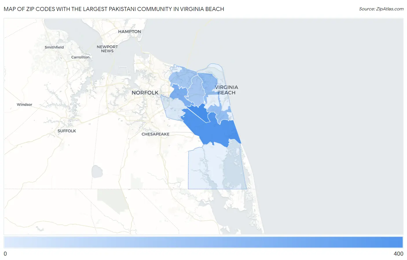 Zip Codes with the Largest Pakistani Community in Virginia Beach Map