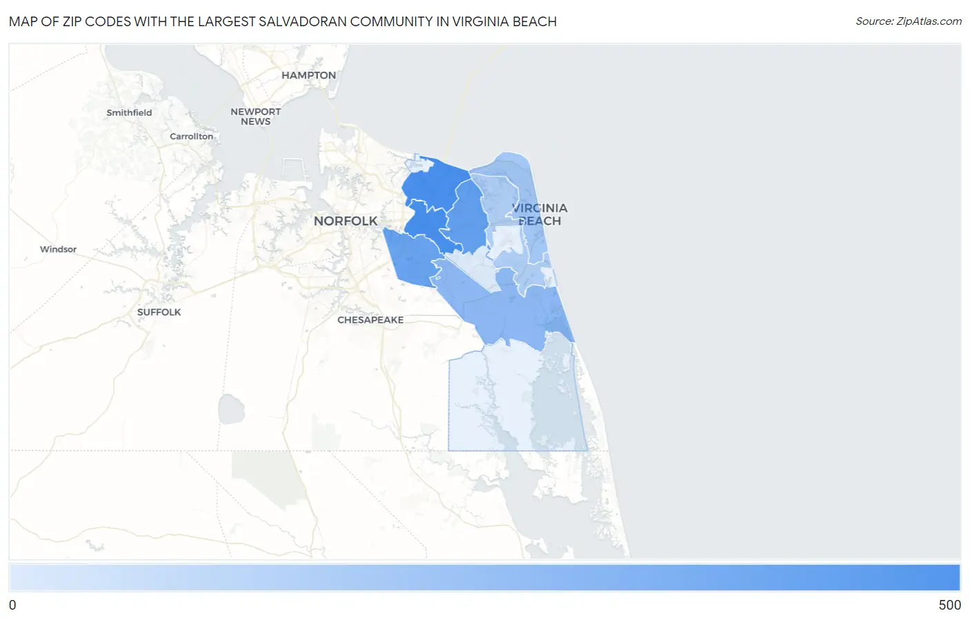 Zip Codes with the Largest Salvadoran Community in Virginia Beach Map